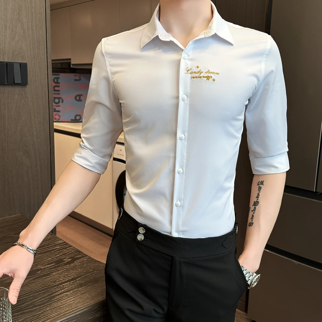 潮牌刺绣衬衫男士短袖夏季薄款高级感潮流修身痞帅七分中袖衬衣男