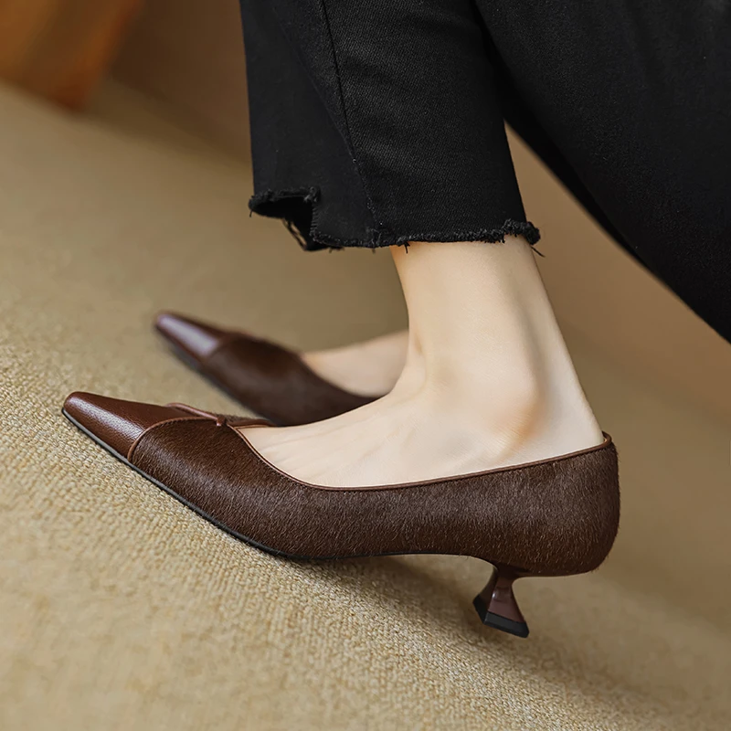 羊皮版真皮浅口气质细跟高跟鞋尖头单鞋女一脚蹬法式复古时尚拼色