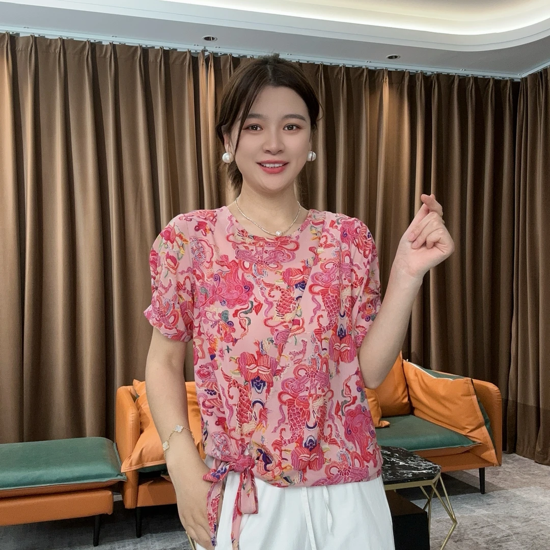 夏季时尚百搭短袖T恤洋气减龄印花下摆收腰设计气质女士圆领上衣