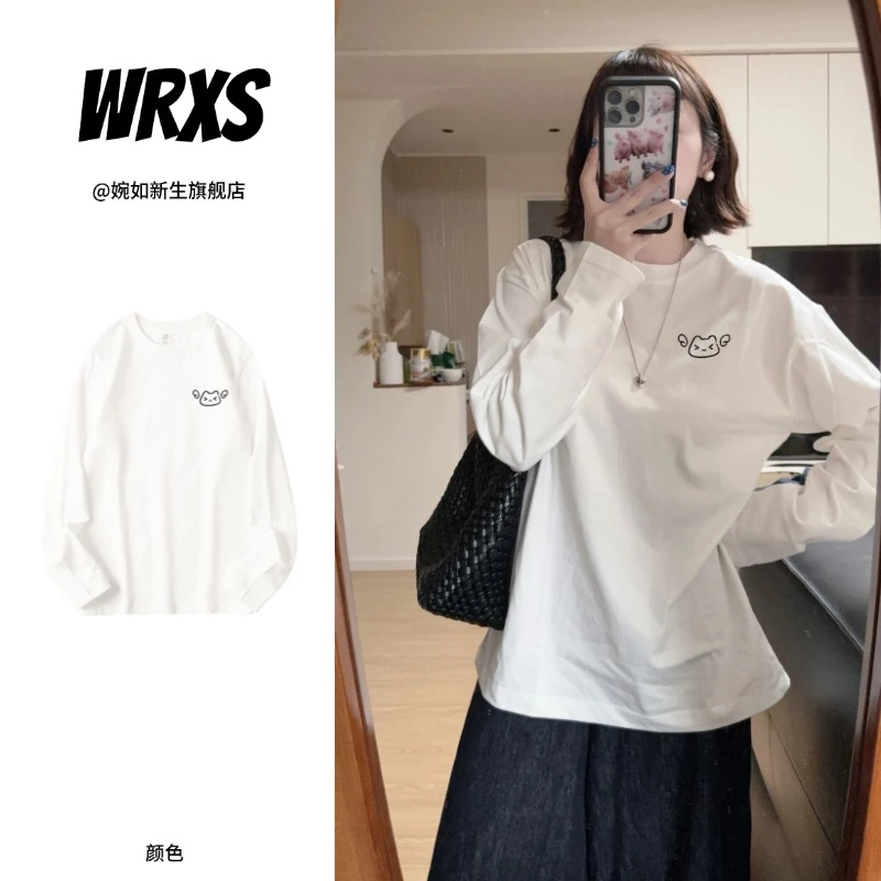 【婉如新生】白色纯棉印花长袖T恤打底女秋冬宽松慵懒chic港味上衣