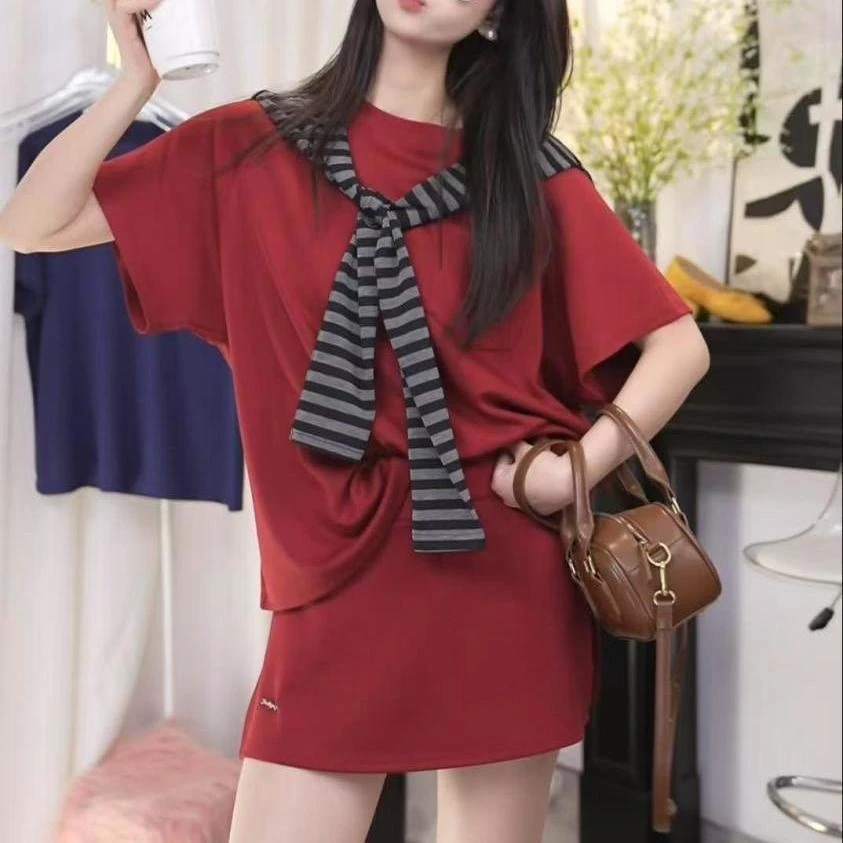 披肩三件套夏季新款学院风时尚韩系T恤休闲宽松上衣半身裙套装