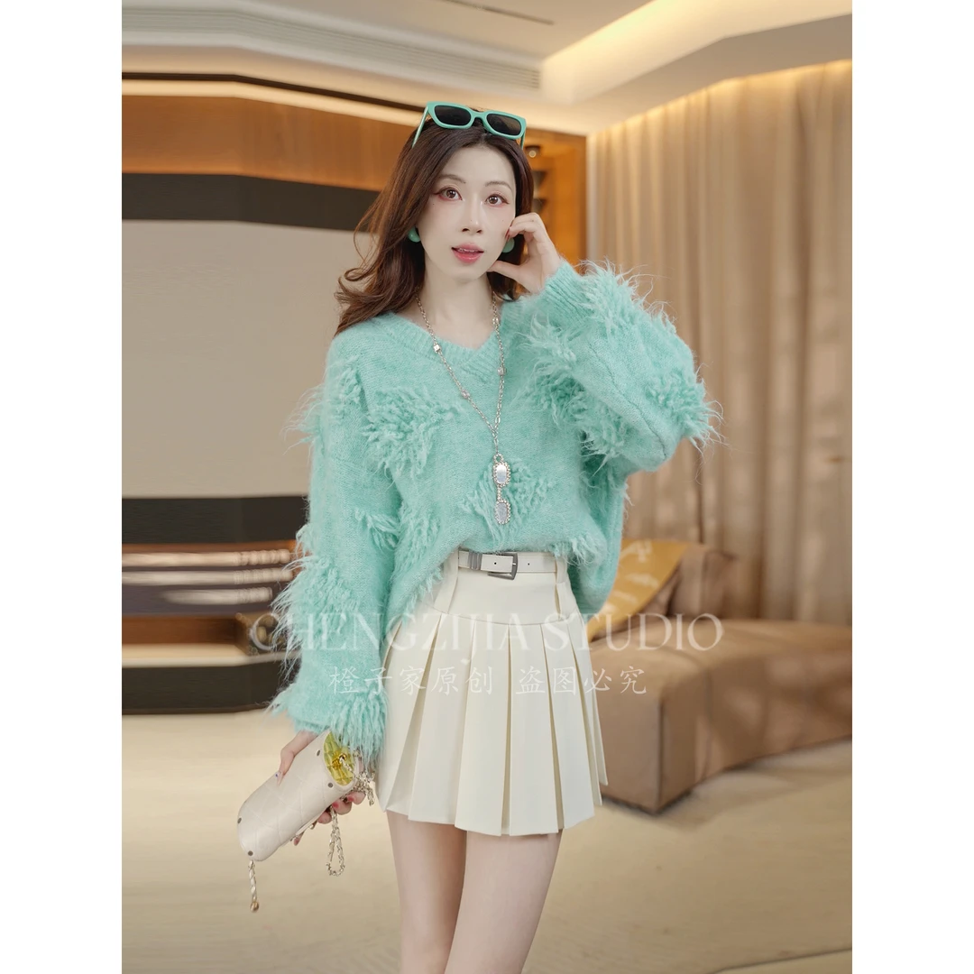 【裴诗婷】MY00174圆领流苏拼接毛衣