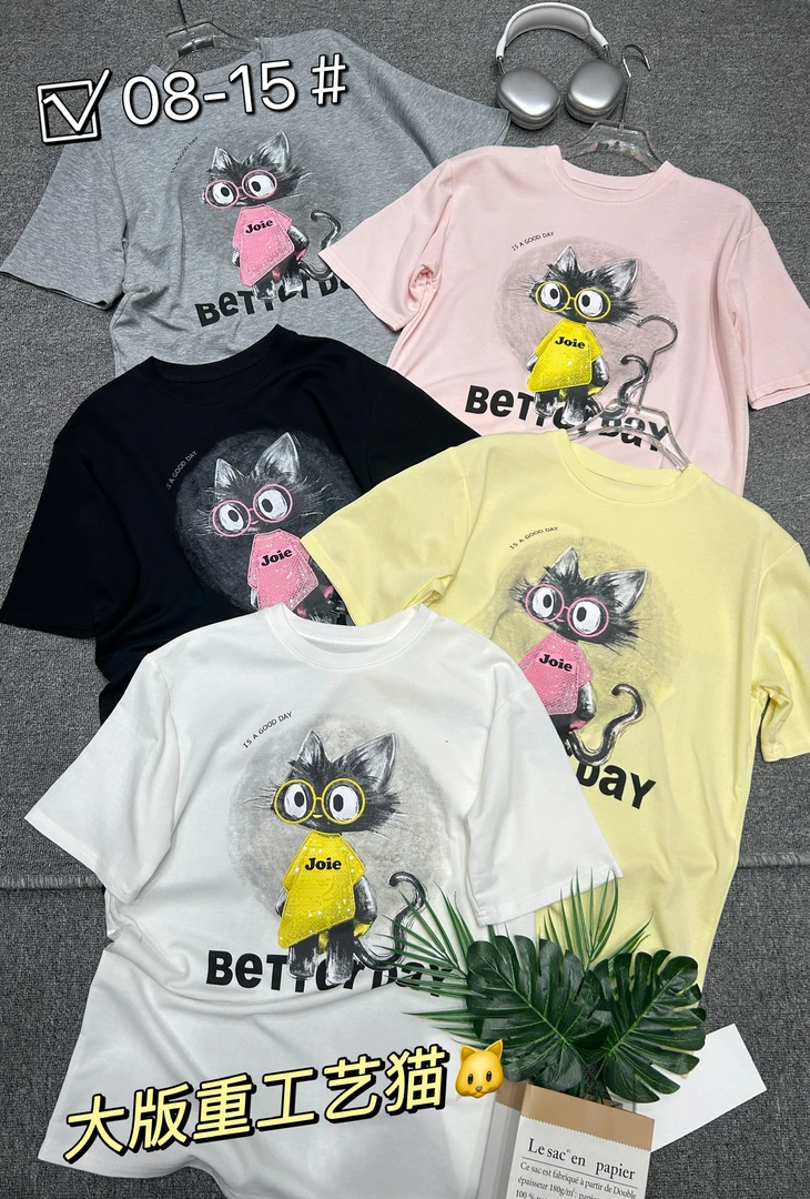 2025夏季新款上衣女卡缇秀韩系大码猫咪宽松显瘦圆领白色短袖T恤