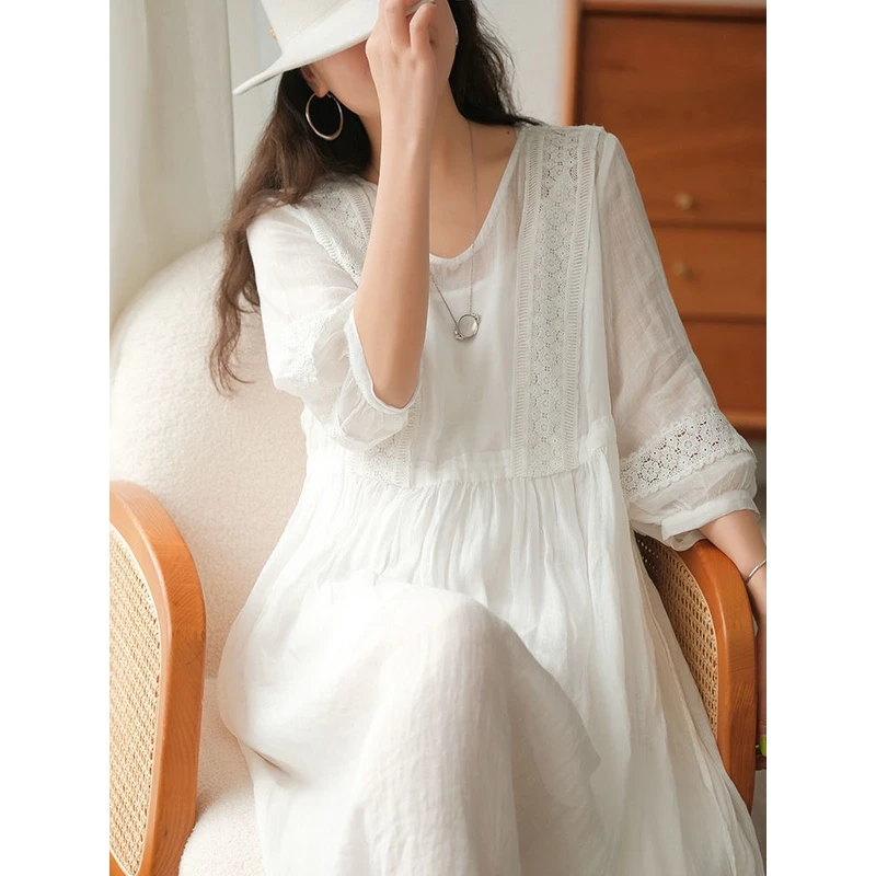 天丝麻2025夏季新款舒适时尚简约系带连衣裙长款V领大摆裙A393