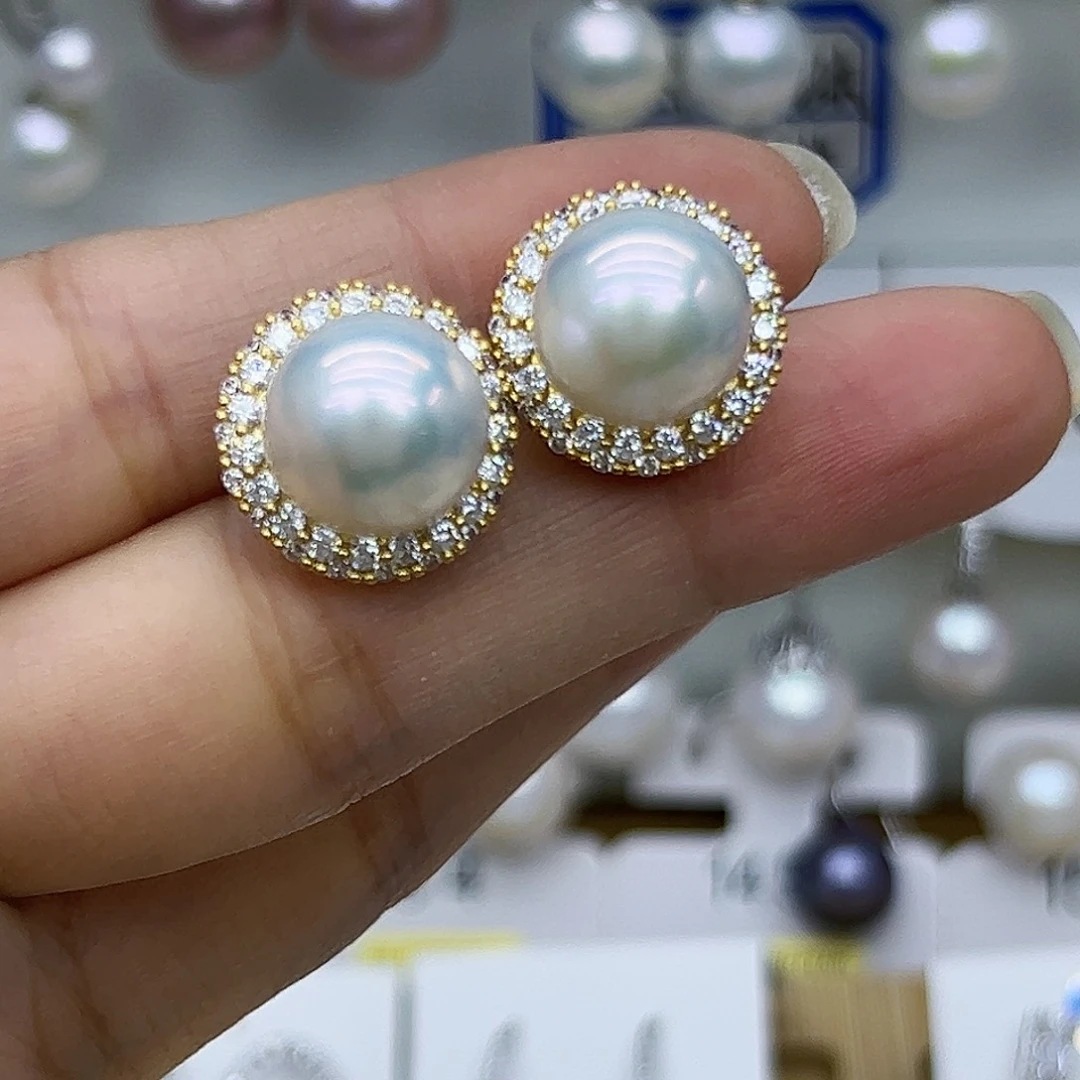 银S925镶嵌耳钉淡水珍珠