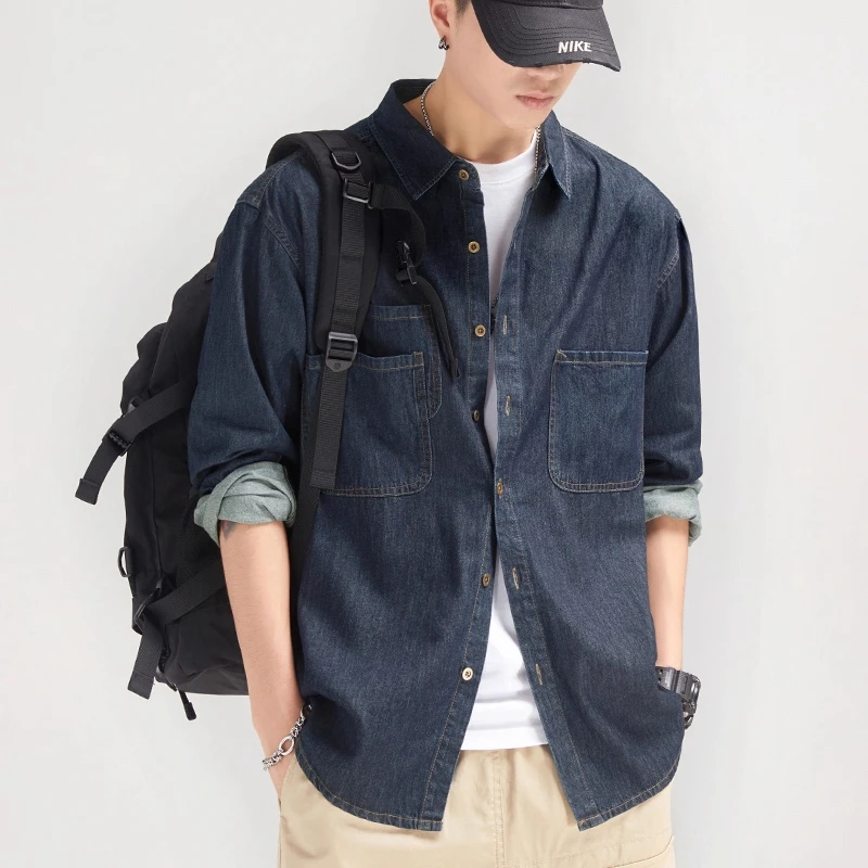 真维斯复古水洗牛仔衬衫男士春季2025潮牌宽松直筒休闲长袖衬衣男