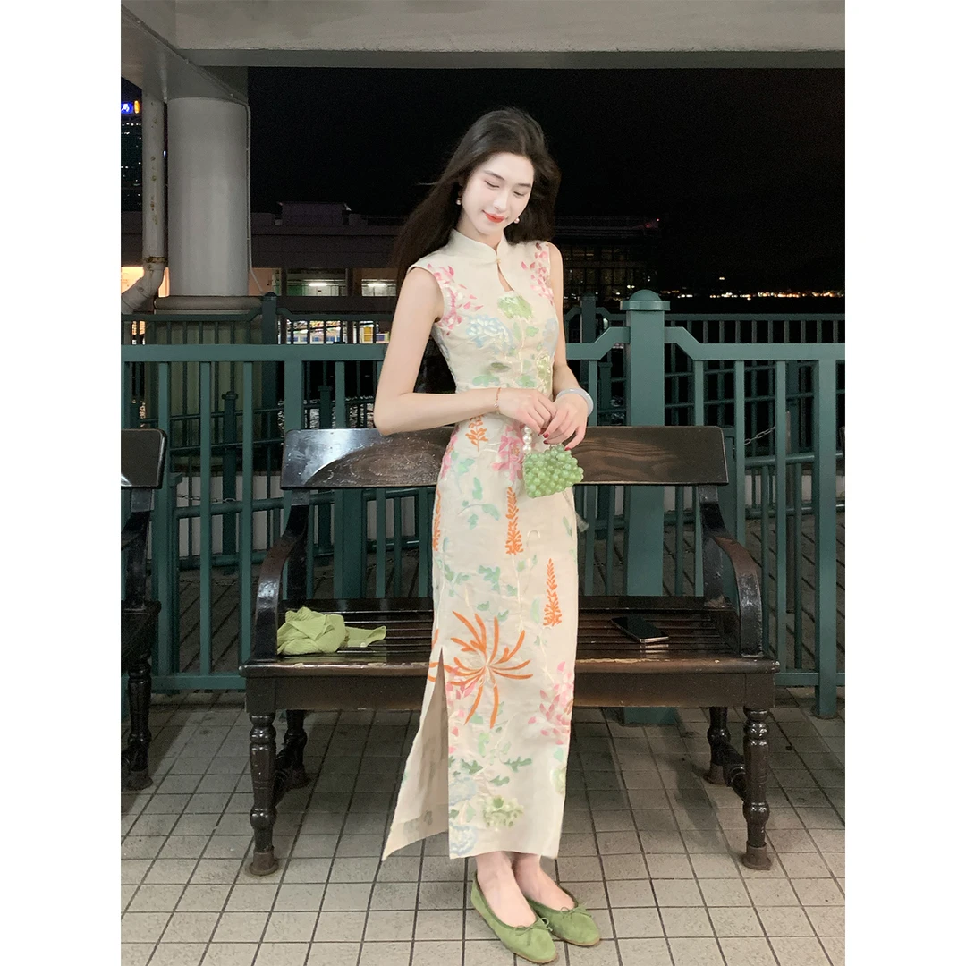 凌茜恣禾【杏焰】国风新中式杏无袖刺绣炮仗花裙文艺复古改良旗袍裙