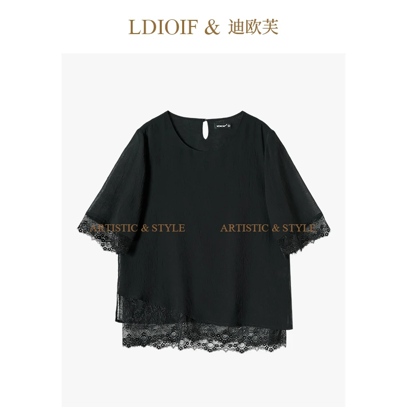 迪欧芙|双层拼接蕾丝 / 轻盈乔其纱 圆领短袖上衣小衫#XSY18310