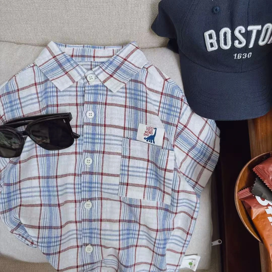 【JMJQ 25225】夏季韩版中小童色织撞色格子薄款上衣翻领衬衫