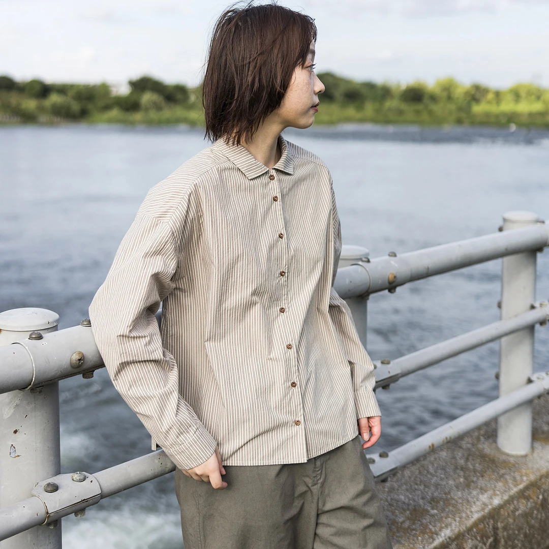 春秋条纹衬衣高密色织条纹面料翻领简约百搭开襟长袖衬衫24199