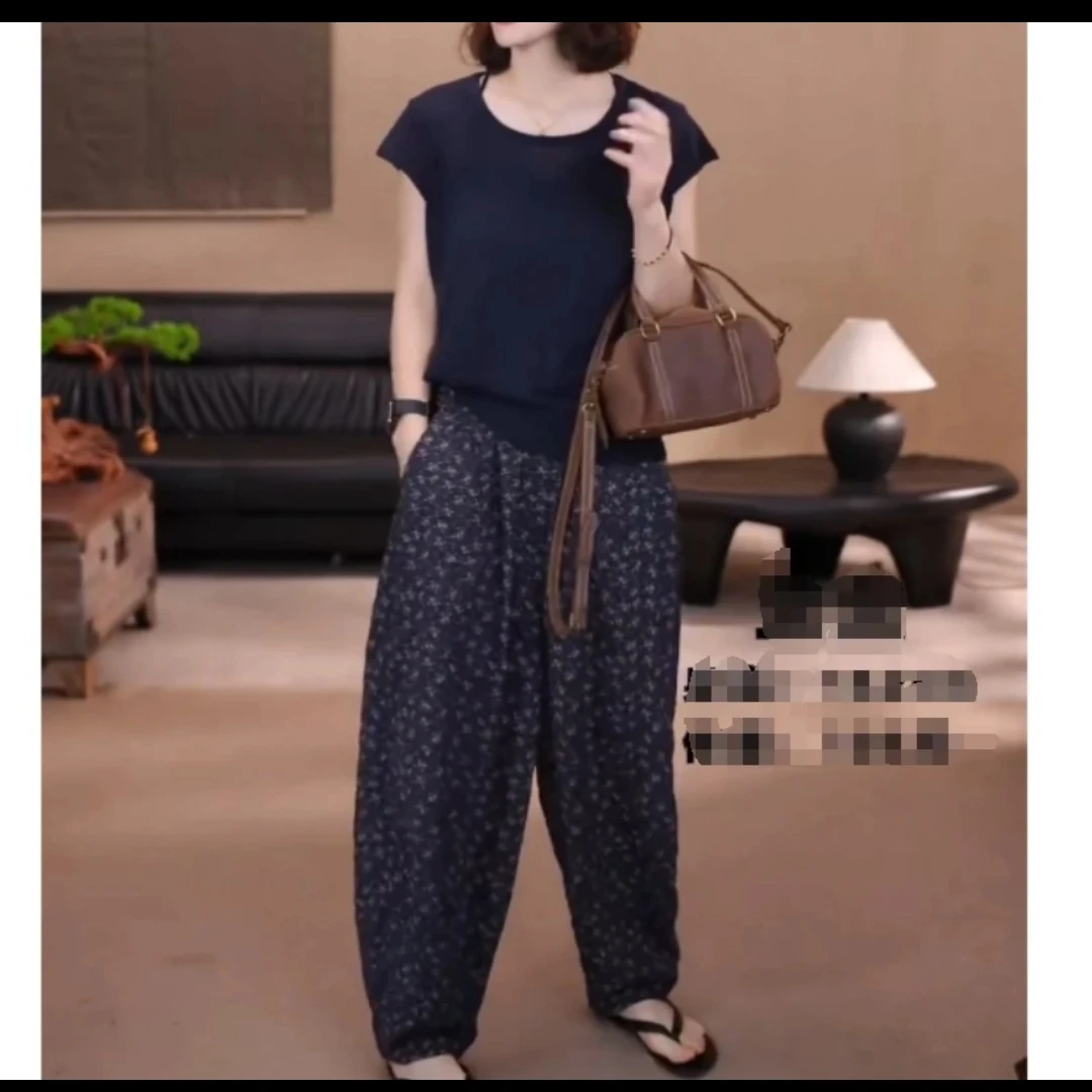 时尚碎花休闲裤夏季薄款高腰显瘦宽松奶奶裤舒适百搭大码女装女款