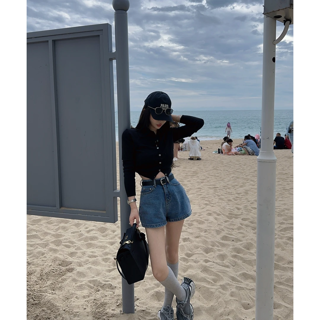 21DEGREES【假期修罗场】韩系洋气polo领毛织上衣显瘦A版牛仔短裤