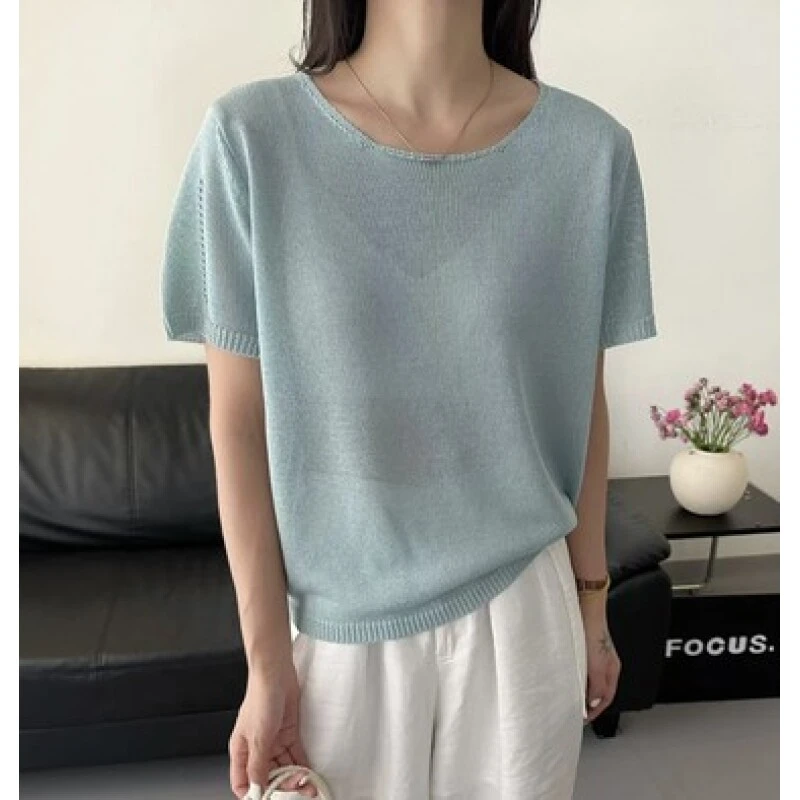 品质/天丝苎麻/一字肩小设计/自带冰感透气显瘦遮肉针织短袖A206