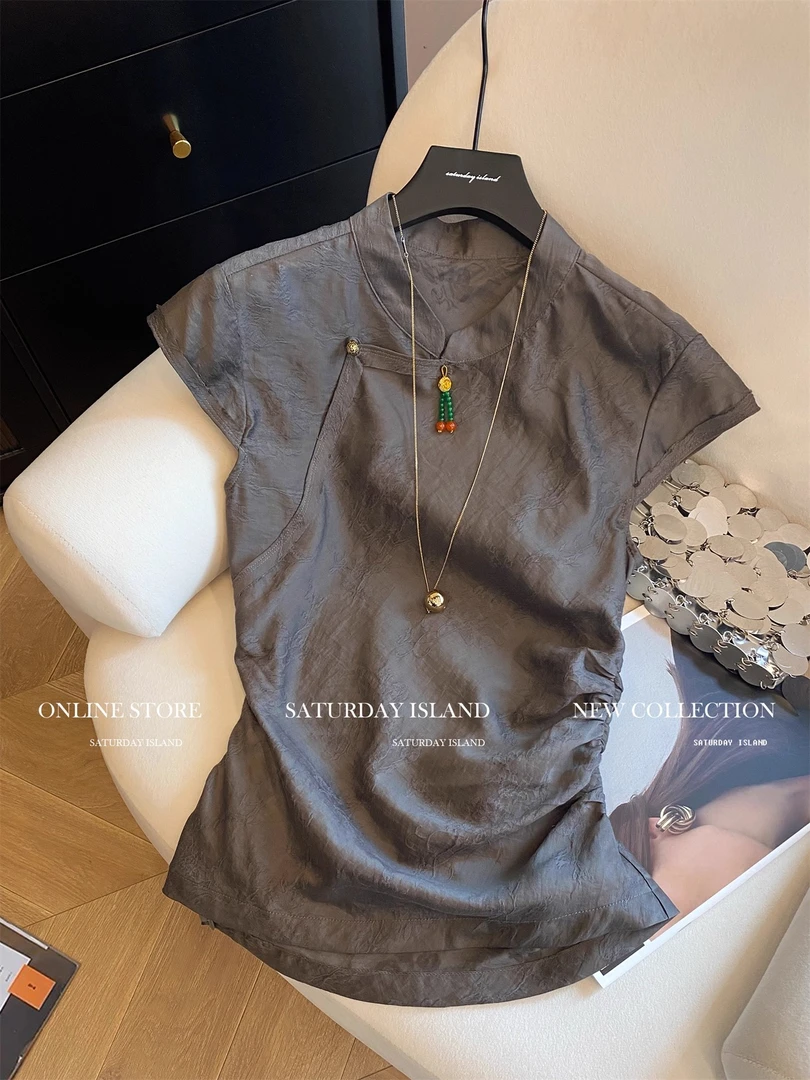 新中式提花盘扣立领飞飞袖衬衫女2025夏气质小众褶皱收腰显瘦上衣