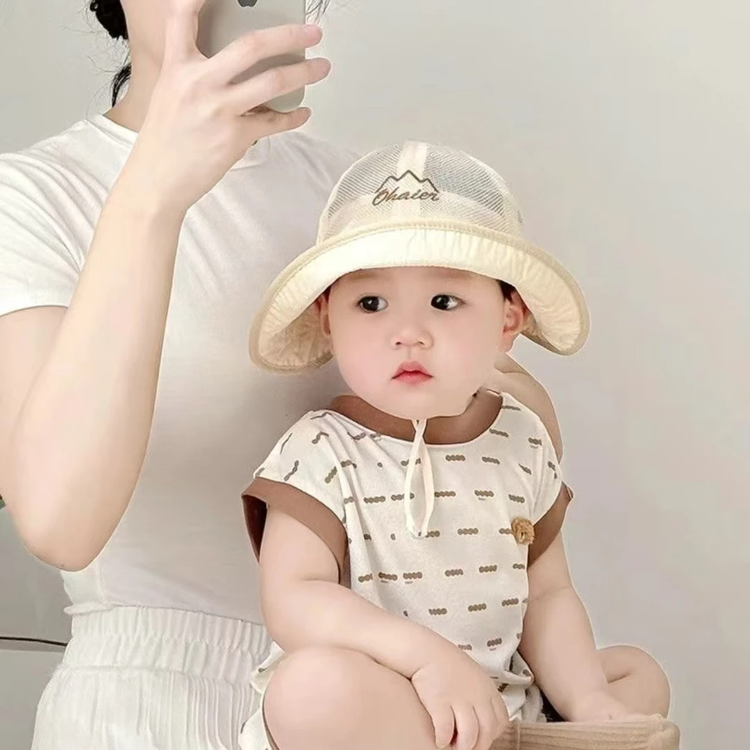 韩系儿童帽子夏季薄款大帽檐遮阳防晒透气网眼渔夫帽男女宝宝盆帽