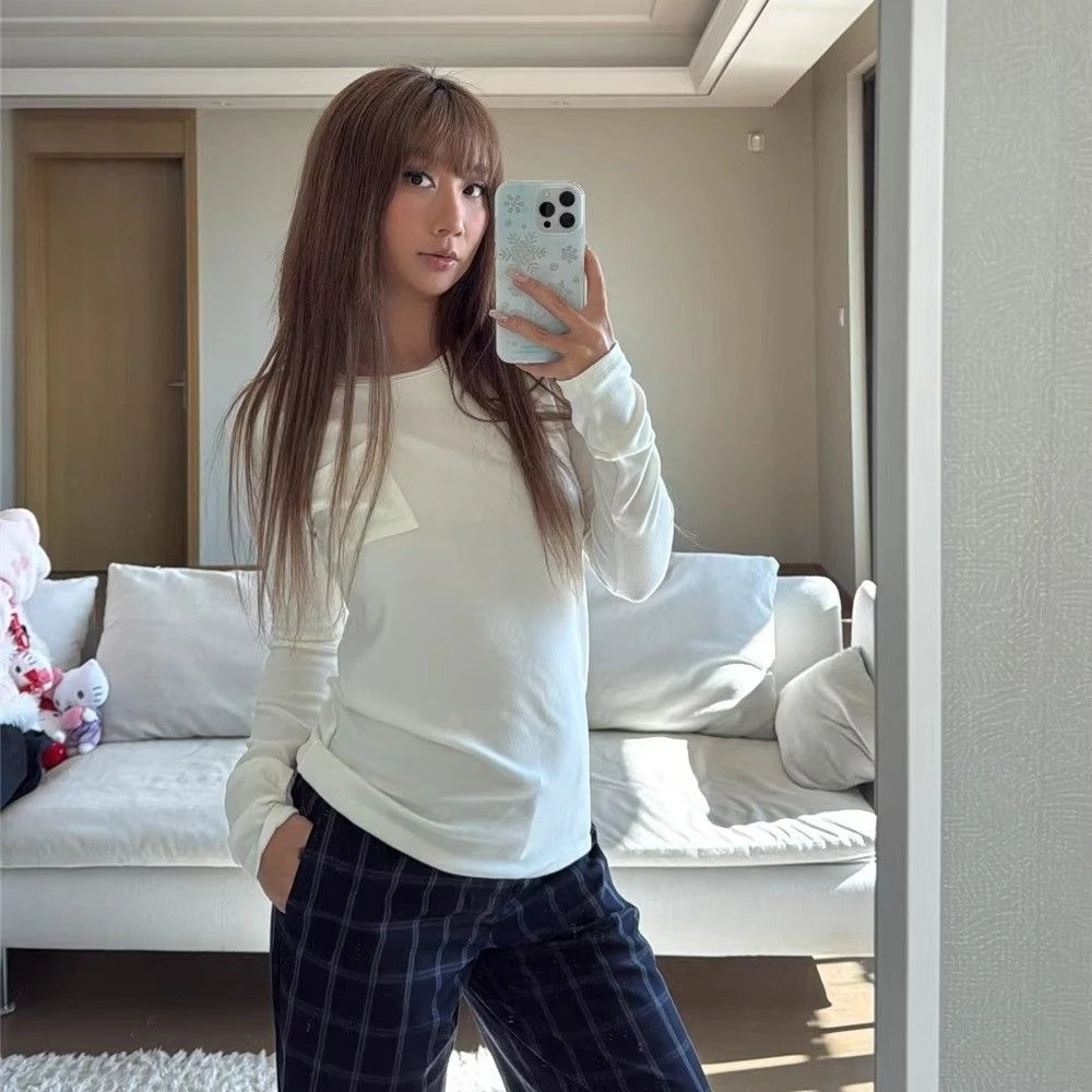 圆领口袋长袖打底衫2025秋季新款时尚百搭上衣女修身韩版显瘦