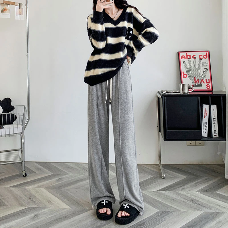 灰色糯米裤女宽松bf慵懒风直筒垂感软糯窄版阔腿裤子H035