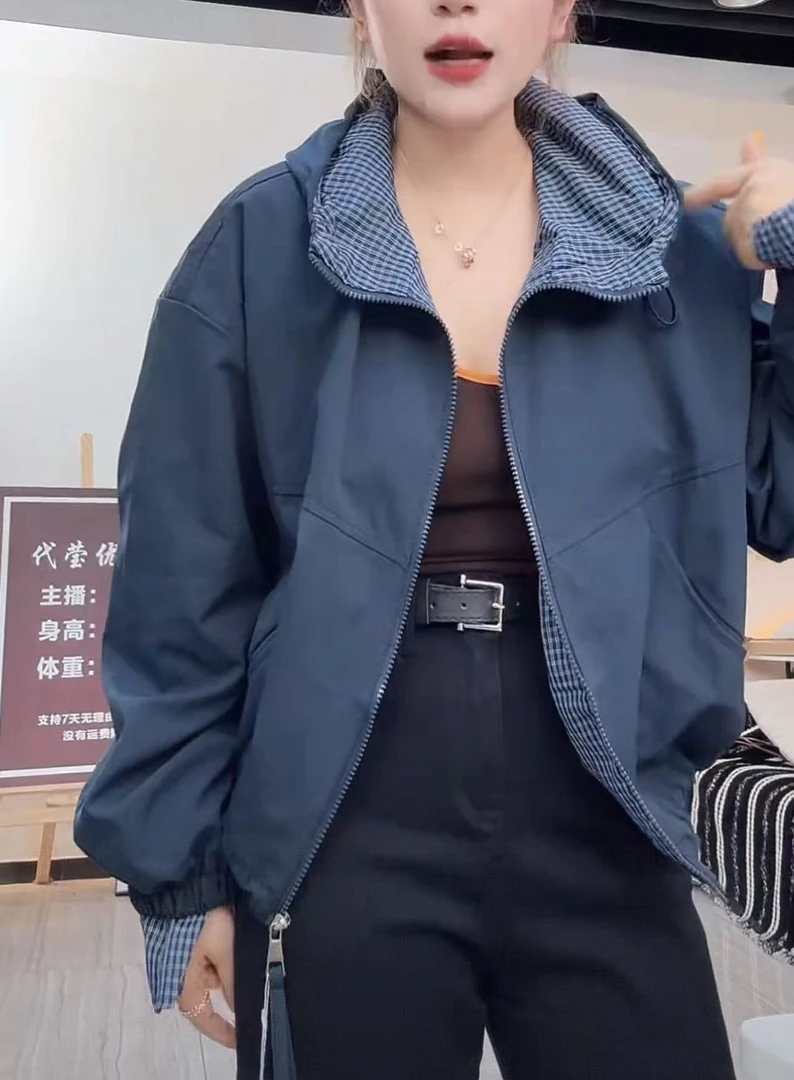 1033连帽风衣外套女时尚休闲宽松短款上衣运动时髦夹克