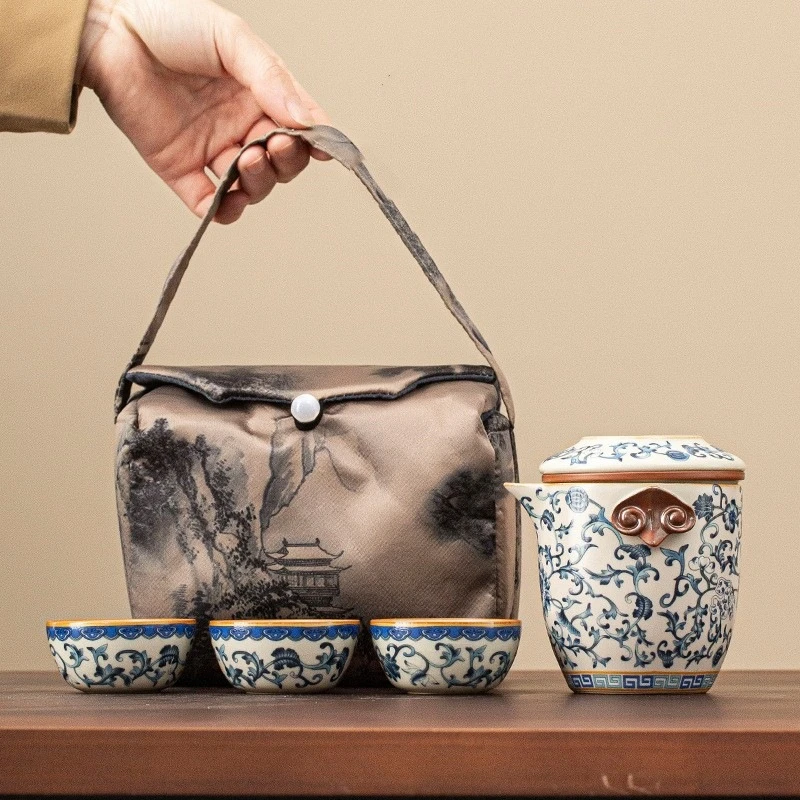 汝窑旅行功夫茶具套装家用办公青花景德镇小套便携收纳茶壶茶杯盘