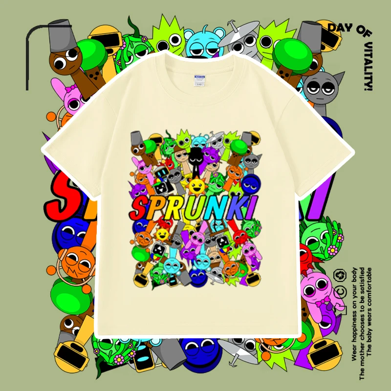 新款Sprunki音乐节奏盒子男女童短袖纯棉舒适透气儿童T恤夏季潮流