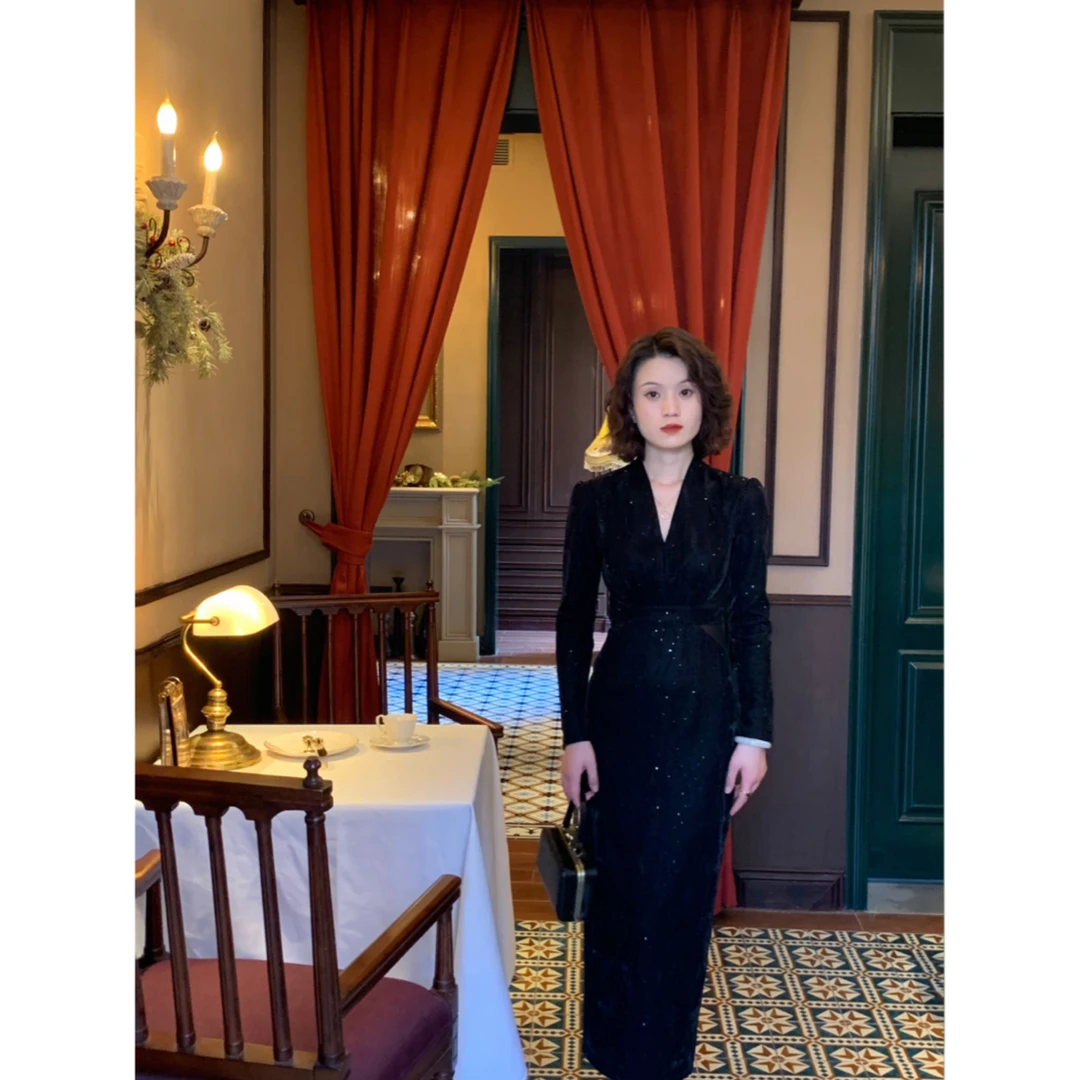 彩彩家【流光舞会】加绒厚款冬季日常高级亮闪优雅收腰修身连衣裙