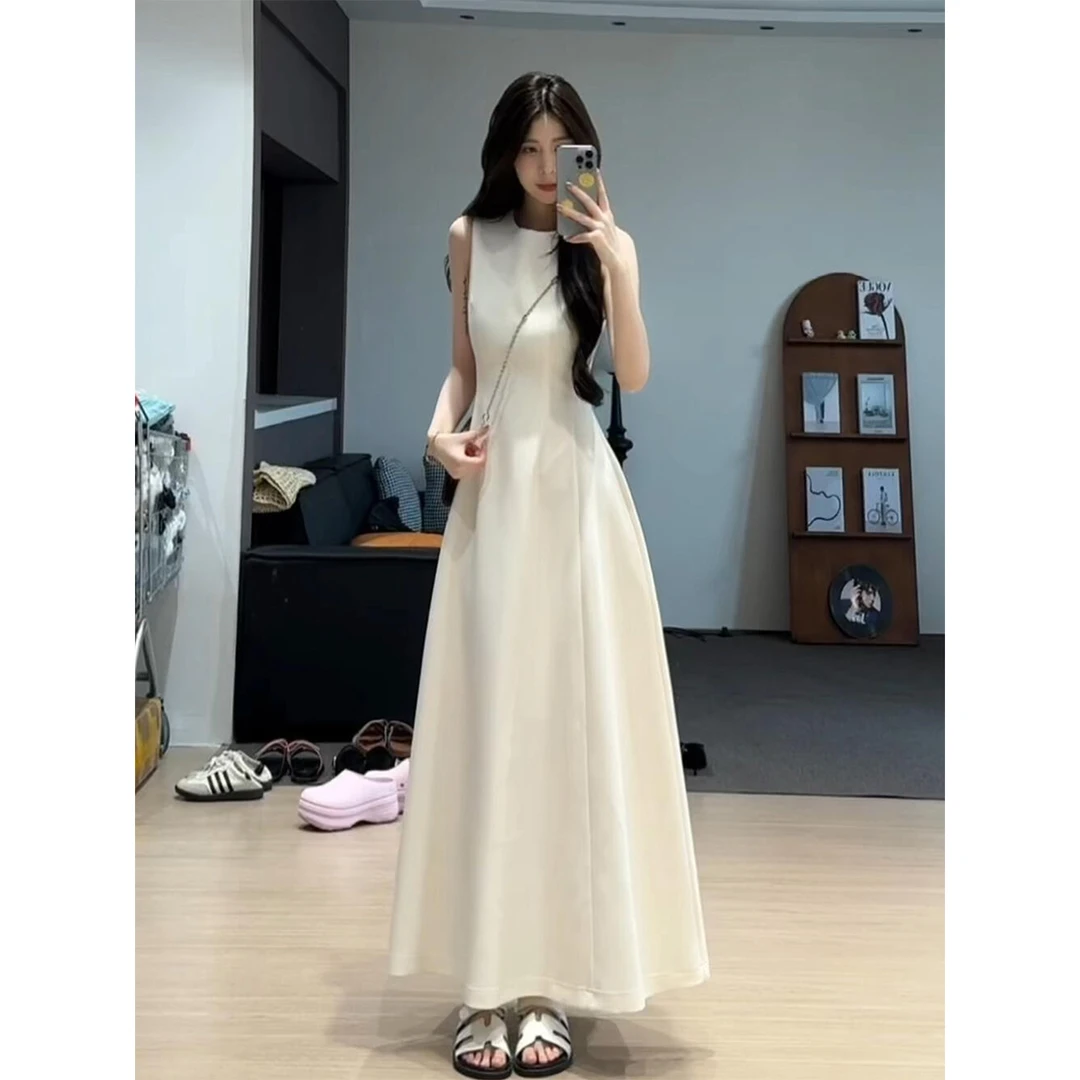 白色无袖连衣裙女夏日绝美小个子清纯系掐腰收腰长款小白裙子长裙