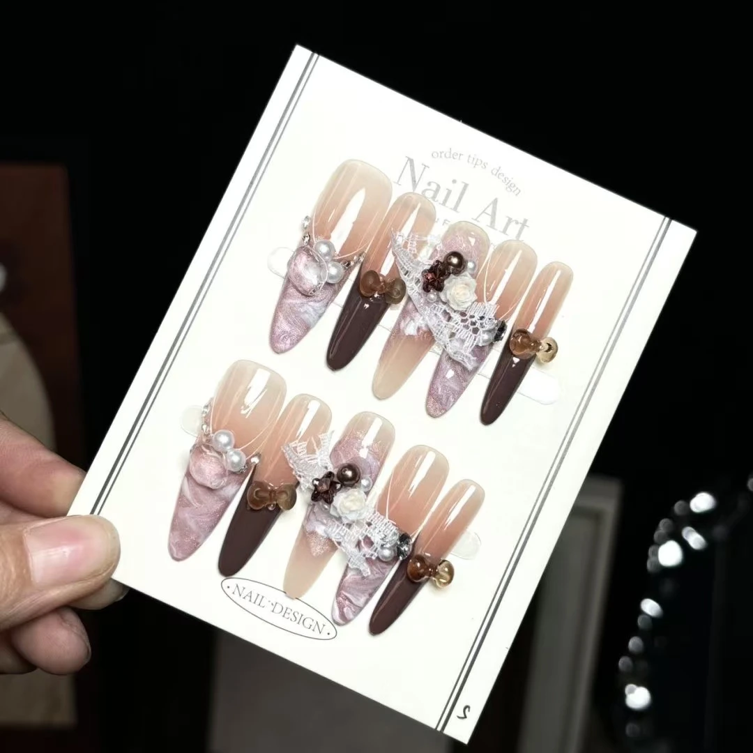 秋冬浓郁巧克力法式水波纹蕾丝立体蝴蝶结纯手工穿戴甲美甲贴片