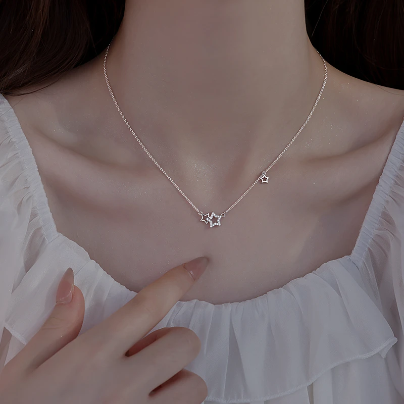 坠链均925银锆石 925银星星相扣项链女2025新款爆款夏项链锁骨链