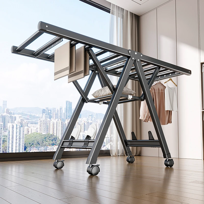 四季沐歌晾衣架落地折叠铝合金晾衣杆家用户外晒衣服被子阳台衣架