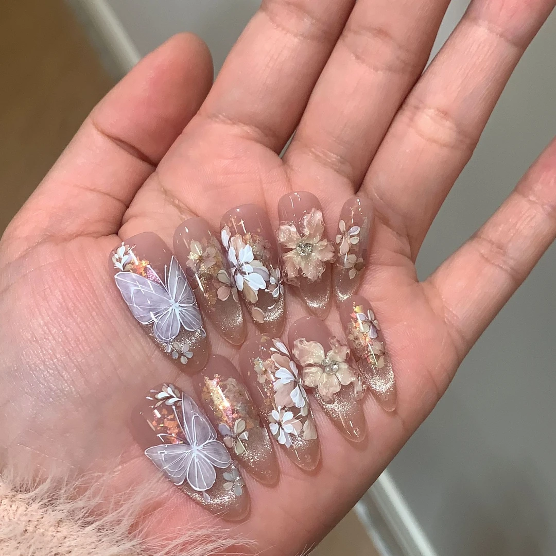 琉璃干花 水彩花卉猫眼冰透法式花卉  一朵山茶手工穿戴甲