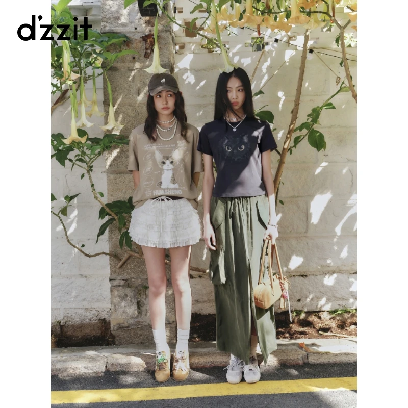 【商场同款新品】dzzit地素短袖T恤25夏猫咪印花修身上衣女3J2B383