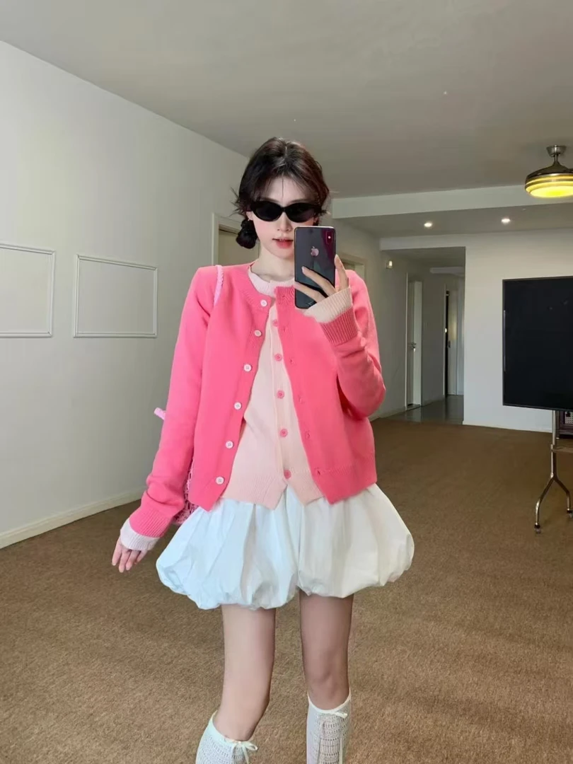 学院风假两件圆领针织开衫女春秋装设计感百搭打底衫拼接上衣