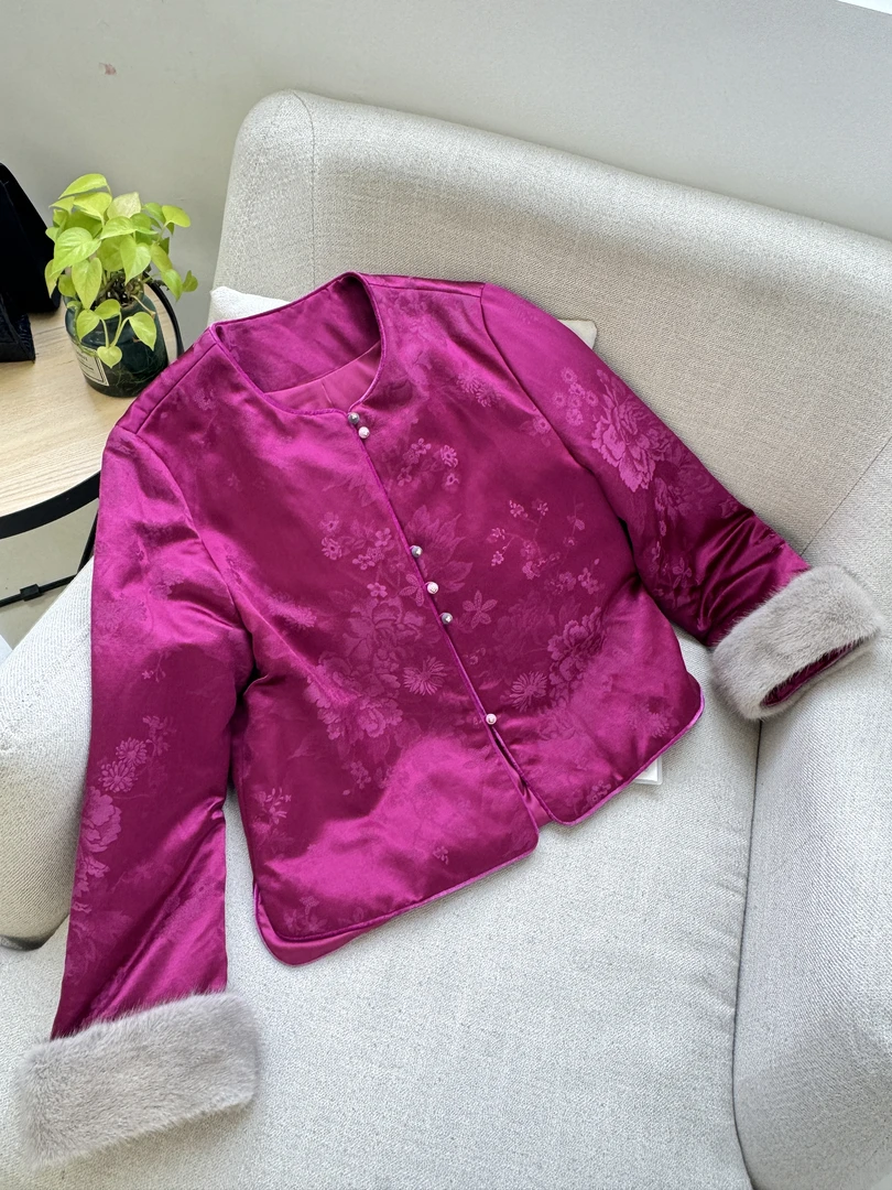 《DY2084》冬季新款新中式棉服百搭时尚减龄上衣外套袖口水貂毛女装