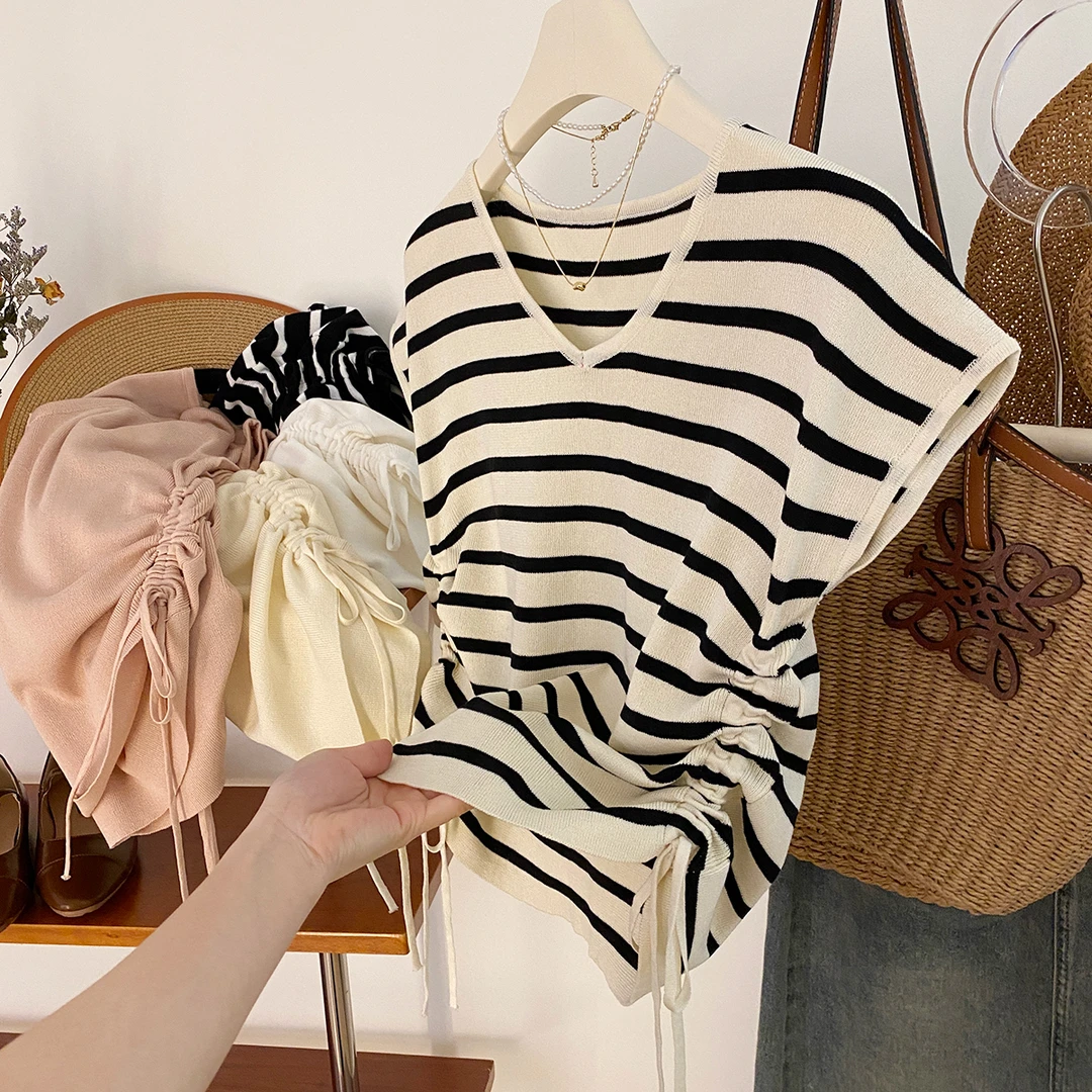 条纹v领抽绳冰丝针织衫t恤女夏季2025新款设计感正肩修身短睡衣女