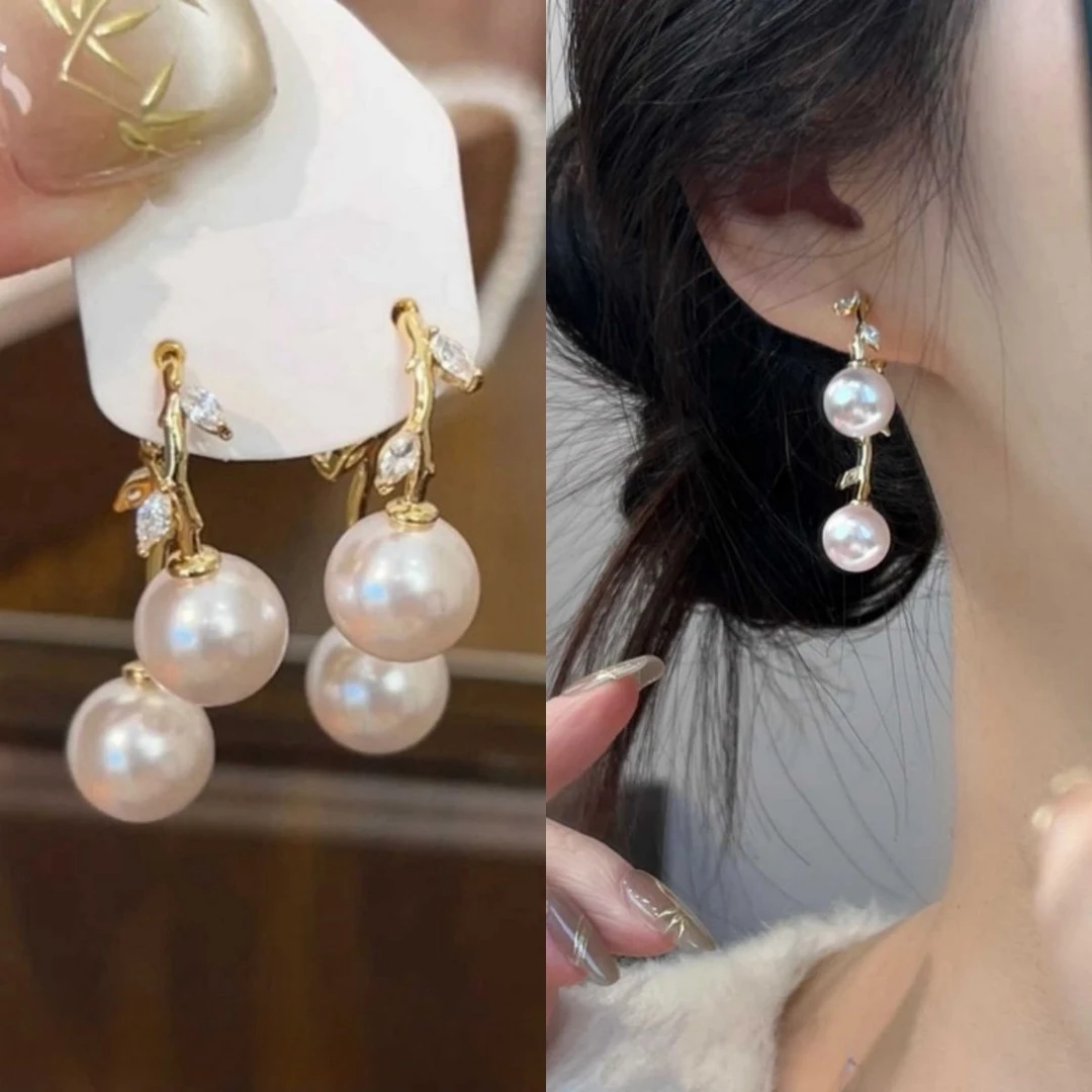 铜合金仿珍珠耳饰 新款法式一款两戴交叉枝叶珠耳钉时尚轻奢气质