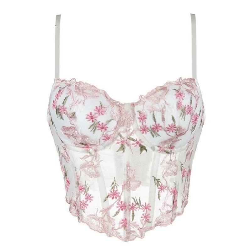 夏季双肩带网纱透气刺绣花纹女士性感透视抹胸塑身上衣