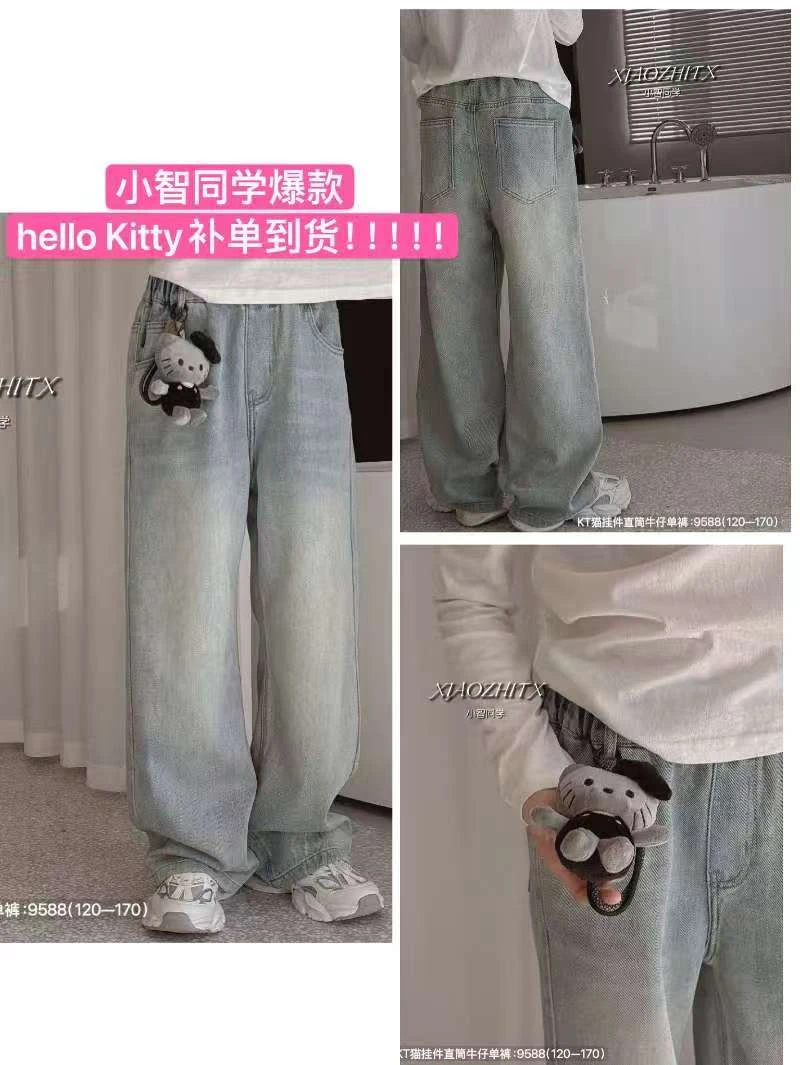 【haobaby】kt猫挂件直筒单牛仔裤9588