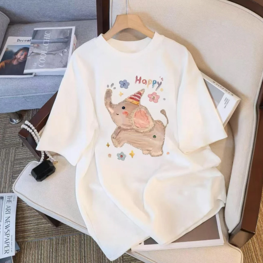 2025夏季短袖休闲上衣男女同款圆领印花T恤 快乐象