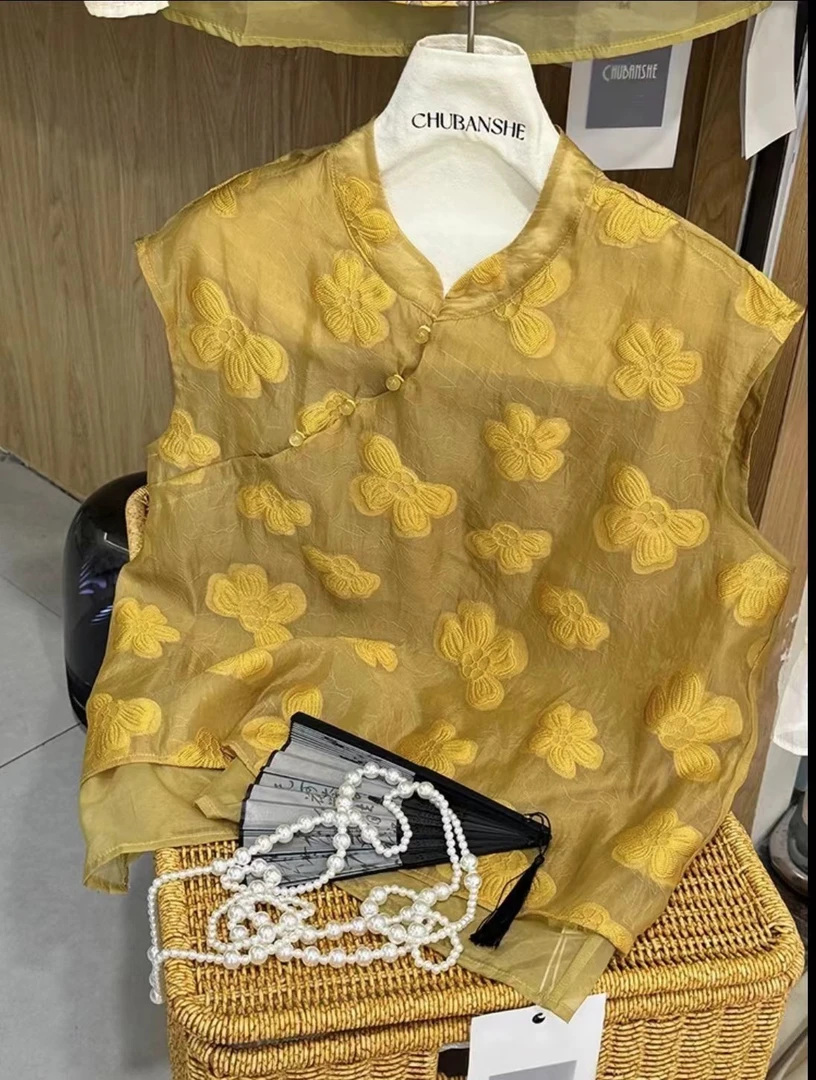 夏季新款短袖女马甲新中式花朵可爱网红复古国风黄色无袖