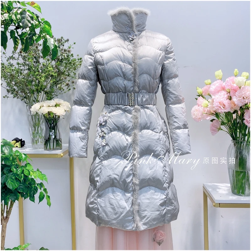 Pink Mary粉红玛琍浅灰色高领鹅绒羽绒服外套保暖女装PMAMW750983