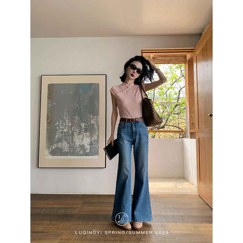 鹭青一原创【独步】土耳其进口复古水洗深蓝色喇叭裤 L25N7511BA