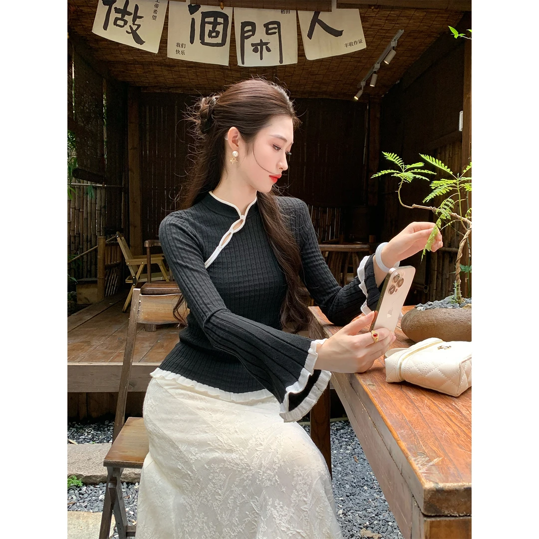 凌茜恣禾【墨韵】国风新中式.黑坑条毛织上衣温婉优雅气质显瘦上衣