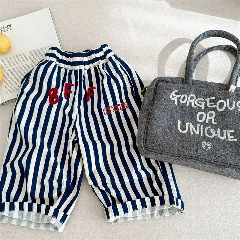【立体条纹裤】2025儿童夏季纯棉条纹哈伦裤字母贴布撞色