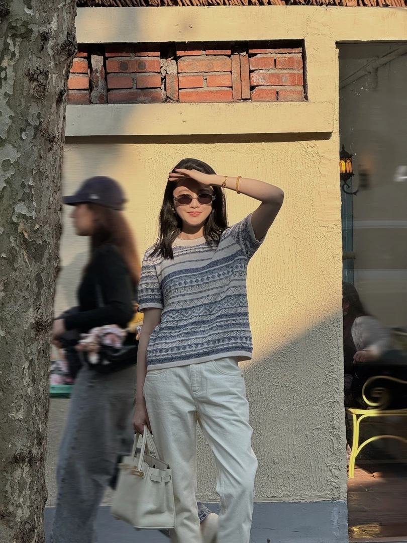 陈妍君【青花瓷】小众条纹镂空针织短袖 CHENYANJUN CYJ-JJ295-4281