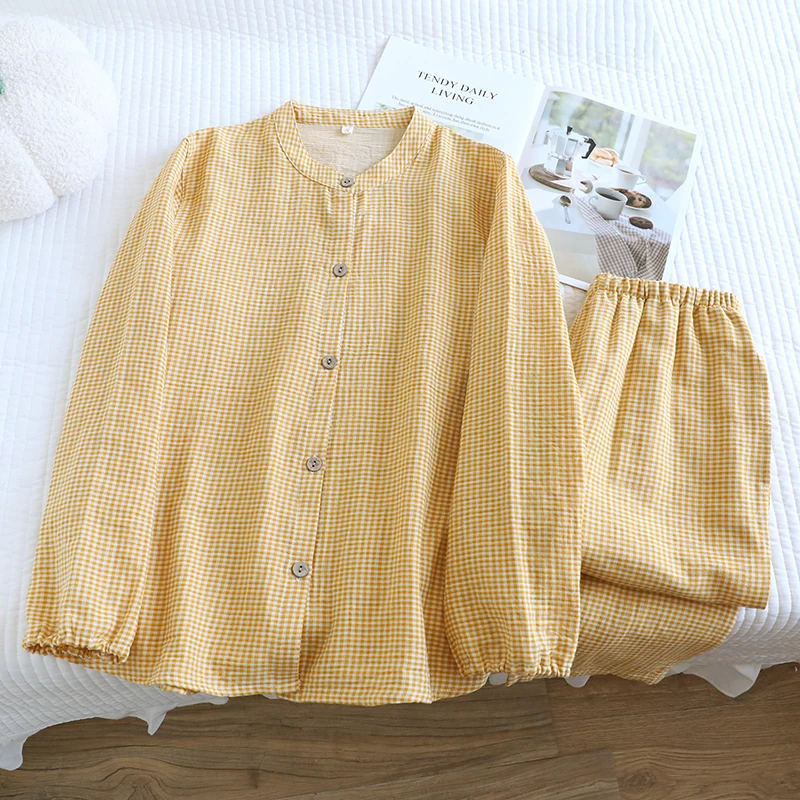 A类全棉双层色织棉纱透气女士圆领家居服长袖长裤套装睡衣休闲