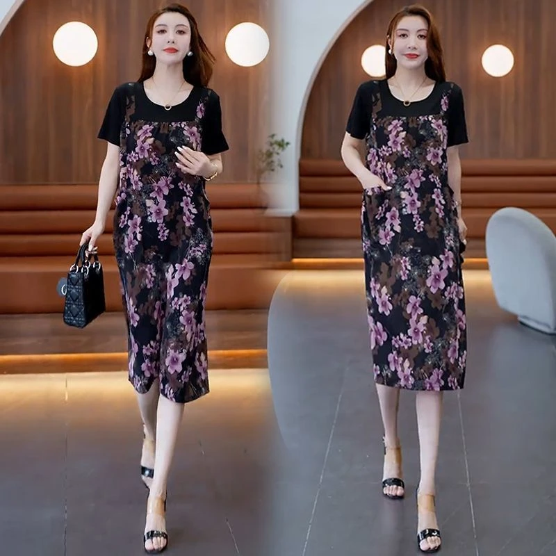 时尚薄款假两件短袖裙子女2025夏季新款圆领宽松大码印花连衣裙潮