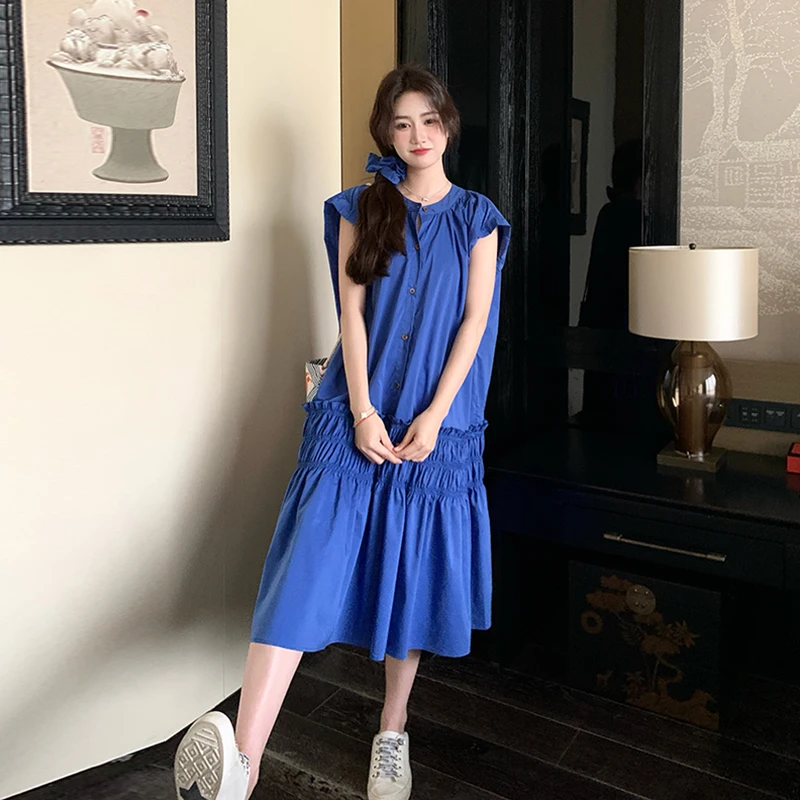 法式浪漫蓝色连衣裙女2025夏季新款时尚木耳边超火绝美设计感裙子