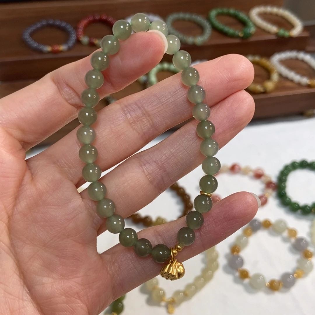 和田玉银S925镶嵌手链福利6mm浅冰湖水绿