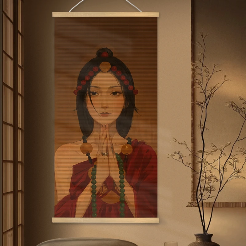 藏族卓玛新中式竹编挂画茶室客厅印花竹帘玄关背景墙装饰美女墙画