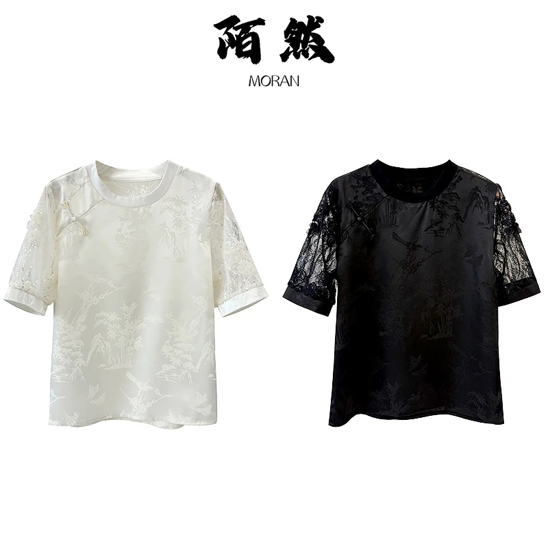 Jokara/丘可儿【山春晓】中式气质提花蕾丝拼接短袖盘扣女士半袖T恤